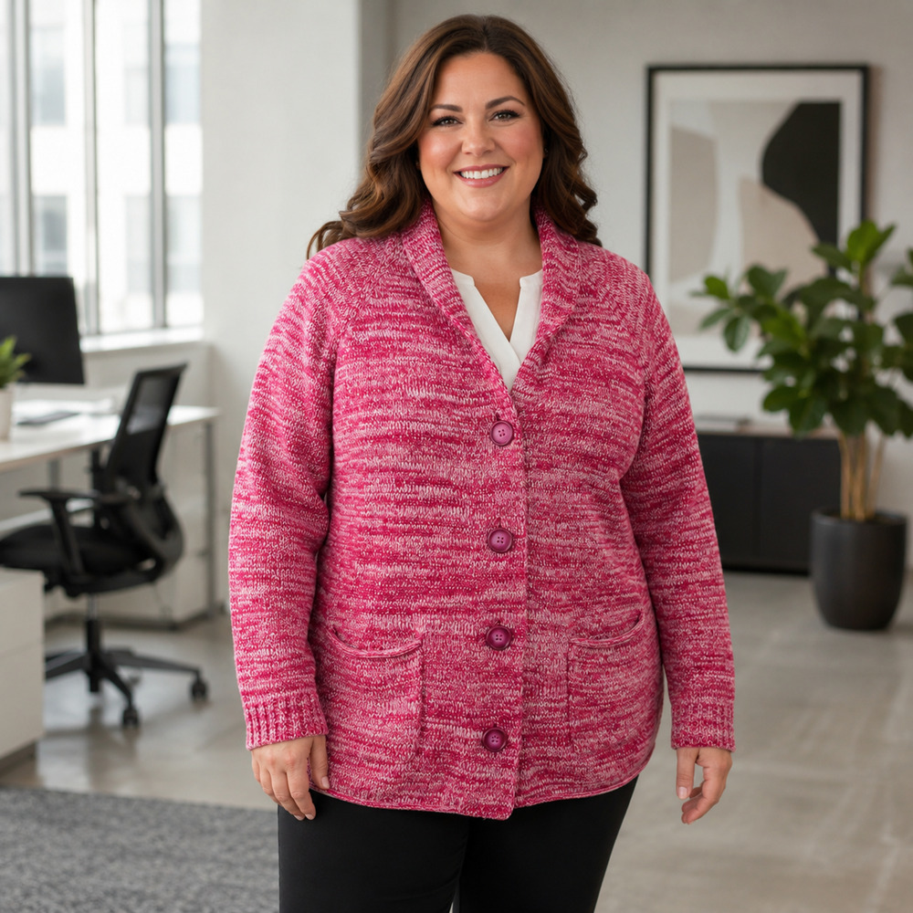 Liz Claiborne Woman 1X Pink Marled Knit Cardigan Sweater Button Front Pockets